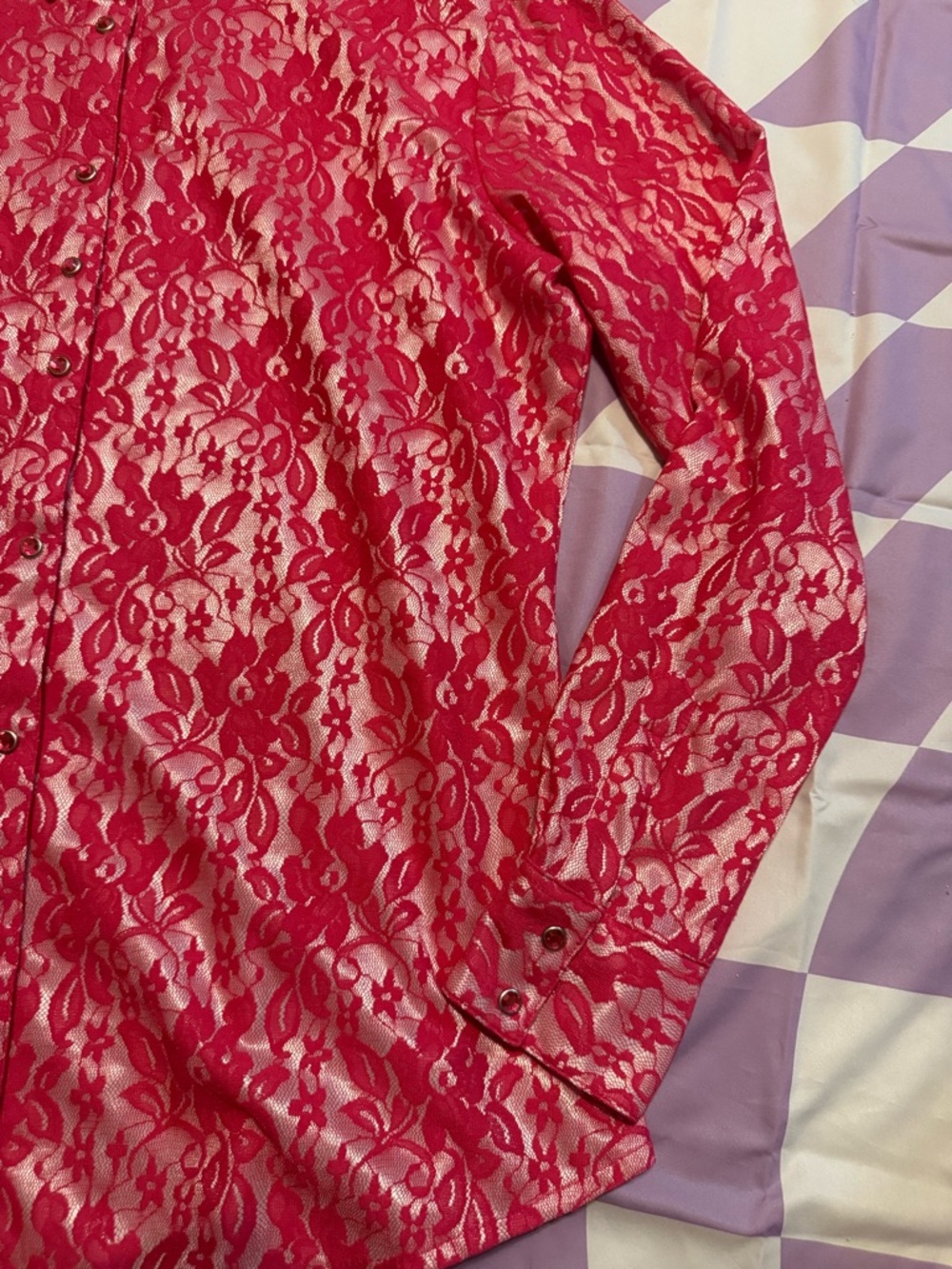 Wrangler Western Pink Lace Metallic Snap Front Shirt - Large - Y2K Glam - Picture 5 of 12